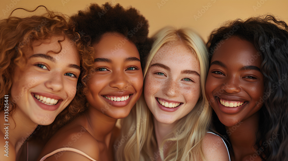 Fototapeta premium Happy Multicultural Girls on Beige Background - Smiling Positive Diverse Women, Beauty Faces