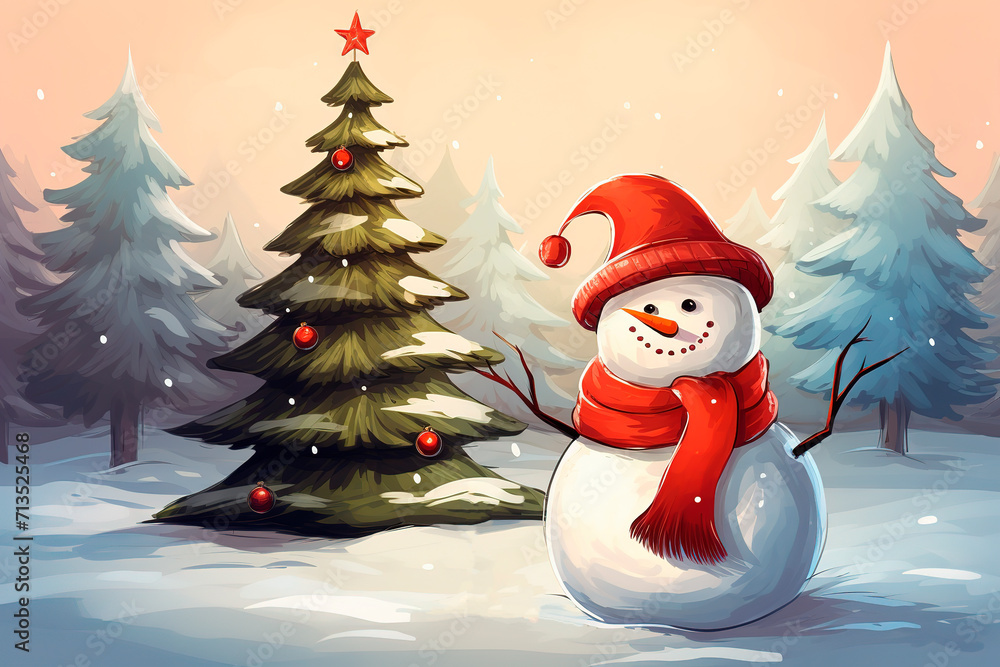 Fototapeta premium Card with snowman and Christmas tree. Generative AI