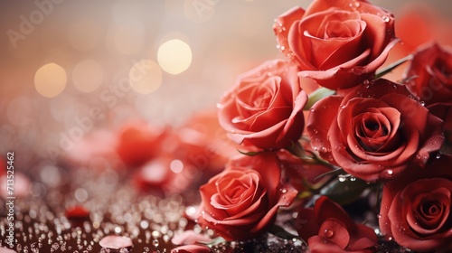 Red roses with dewdrops on petals  beautifully arranged against a bokeh background. Romantic and elegant  this image captures the essence of love  making it perfect for Valentine   s Day or romantic