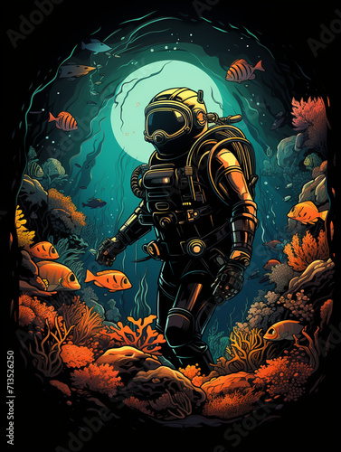 T-shirt design, underwater explorer, vintage diving suit, surrounded by colorful coral reef and exotic fish created with Generative Ai