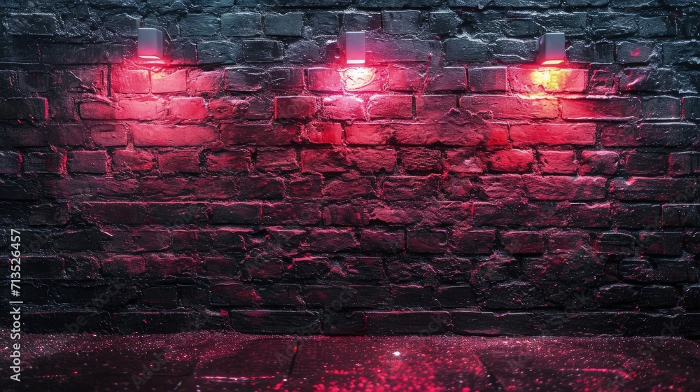Gritty black brick wall with intense red neon lights casting a reflective glow on the wet surface, for a deeply atmospheric urban feel. - obrazy, fototapety, plakaty 