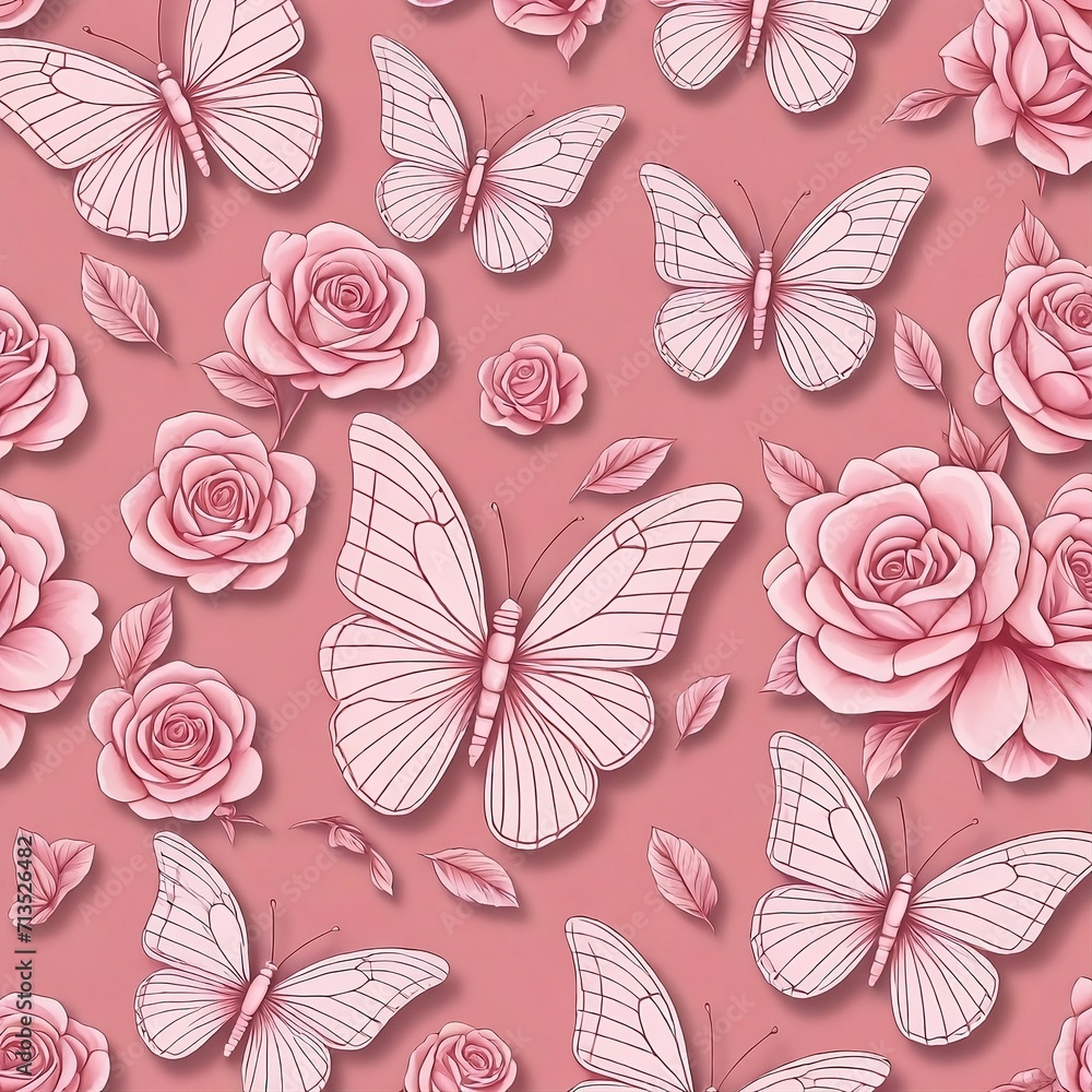 Pink aesthetic seamless floral background pattern: Pink roses & butterflies pattern background. Decorative ethnic seamless floral love romantic backgrounds illustration