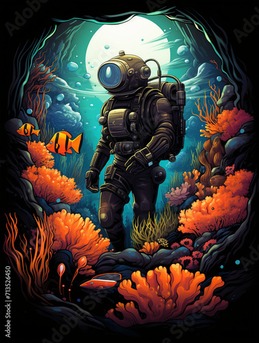 T-shirt design, underwater explorer, vintage diving suit, surrounded by colorful coral reef and exotic fish created with Generative Ai