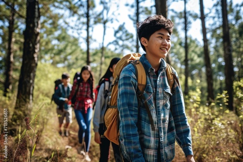Young people, a company of Asians in the woods on a backpacking trip looking at nature and trees.
