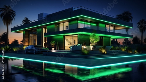 Green neon luxury house exterior villa night view picture