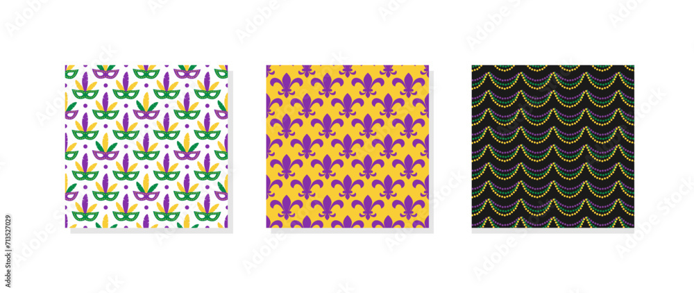 Three carnival or masquerade backgrounds. Mardi Gras seamless patterns.   Vector template.