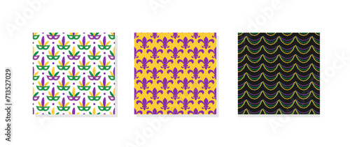Three carnival or masquerade backgrounds. Mardi Gras seamless patterns. Vector template.
