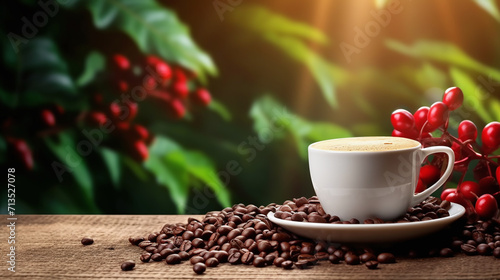 cup of coffee with beans and red fruits in background