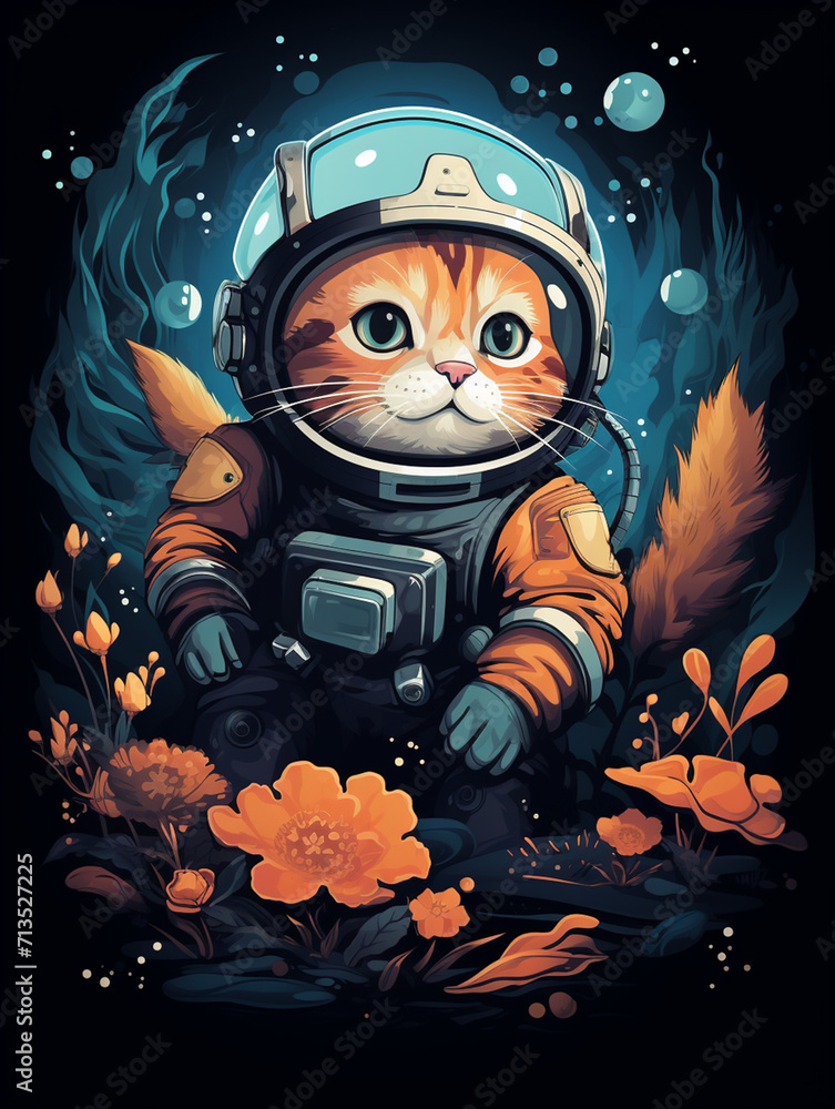 T-shirt design, playful astronaut cat, floating in zero gravity, fish-shaped stars, whimsical, cute and quirky, bright oranges and blues created with Generative Ai T-shirt design, playful astronaut cat, floating in zero gravity, fish-shaped stars, whimsical, cute and quirky, bright oranges and blues created with Generative Ai
