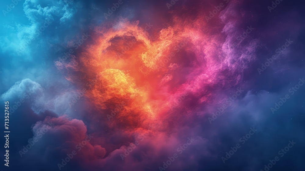 A heart forms within a vibrant cosmic nebula, radiating with fiery hues of red, pink, and blue, symbolizing love in a fantastical sky.