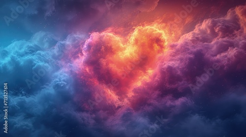 A celestial heart shaped formation of clouds in vibrant pink, purple, and blue hues, glowing intensely in a dreamy sky.