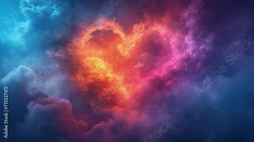 A heart forms within a vibrant cosmic nebula, radiating with fiery hues of red, pink, and blue, symbolizing love in a fantastical sky.