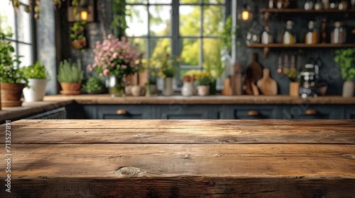  Rustic wooden table in a bright kitchen with blurred greenery on the windowsill and warm  ambient light creating a serene space.