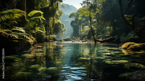 River In Jungle Surrounded By Rocks