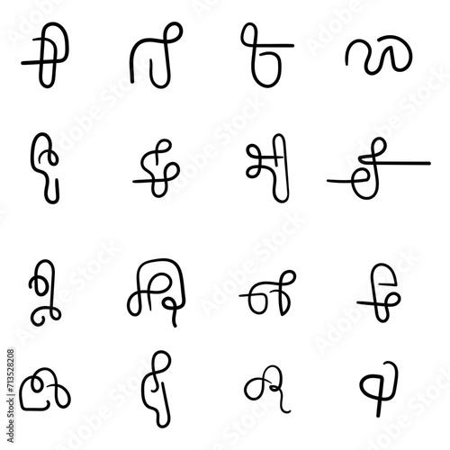 Vector set of abstract symbols. Fictional signs. Hand drawn squiggles.