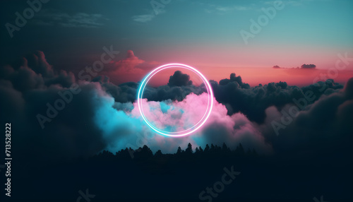  pink and blue circle surrounded by clouds, neon lights photo