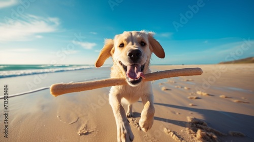 Happy cute dog running on sunny sea beach picture