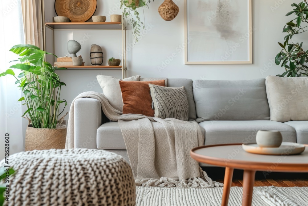 Fototapeta premium a white living room with gray couch, shelf and plant in a modern living room Generative AI