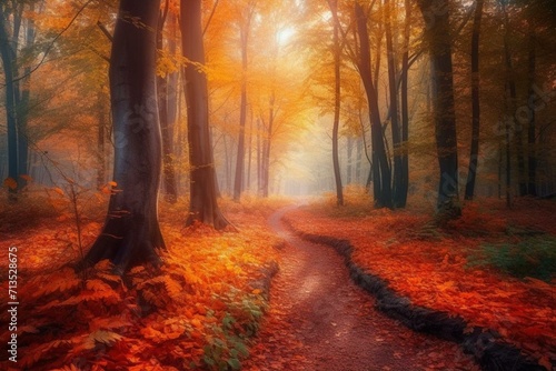 Enchanting autumn forest with a peaceful and mystical atmosphere. Captivating pathway surrounded by vibrant orange foliage. Imaginative and ethereal scenery. Generative AI