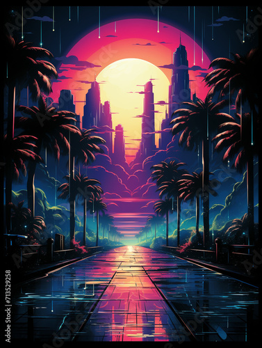 T-shirt design  retro futuristic skyline  neon lights  1980s synthwave vibes  bold magenta and cyan  laser grid landscape created with Generative Ai