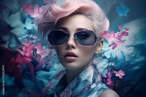 forward facing fashion portrait of a beautiful woman wearing futuristic sunglasses