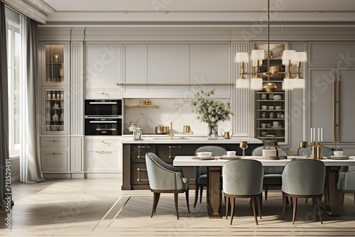 Elegant dining kitchen with retro aesthetics and premium details. Generative AI