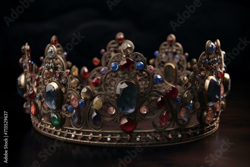 Ornate crown with gemstones on a dark background. Generative AI