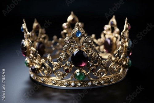 Ornate crown with gemstones on a dark background. Generative AI