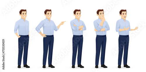 Young business man in blue shirt half turn view different gestures set isolated vector illustration