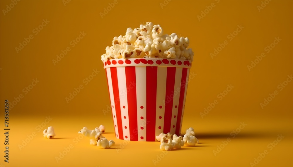 red and white popcorn bucket, yellow background