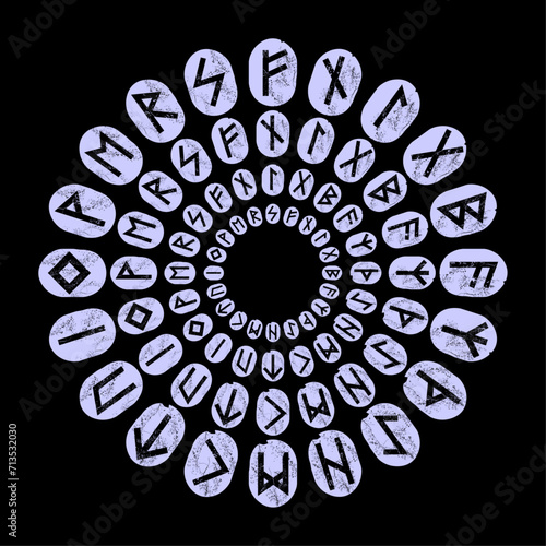 Runic alphabet in circular design. Stones to predict the future on black background.