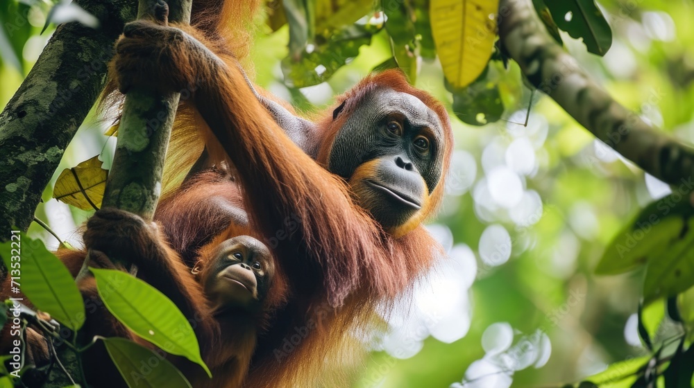 Fototapeta premium Orangutan Mother with Baby in Rainforest Canopy