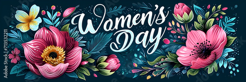 Stylish banner, greeting card with the inscription Happy Women's Day on a blue background and flowers.