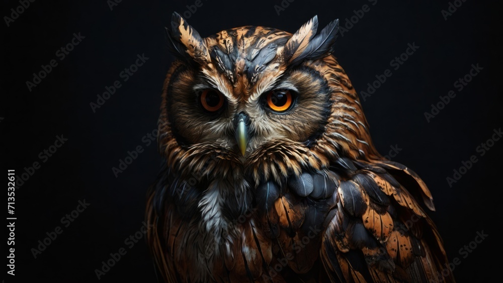 Owl close-up. Looks straight into the camera. On a black background. Generative AI Owl close-up. Looks straight into the camera. On a black background. Generative AI