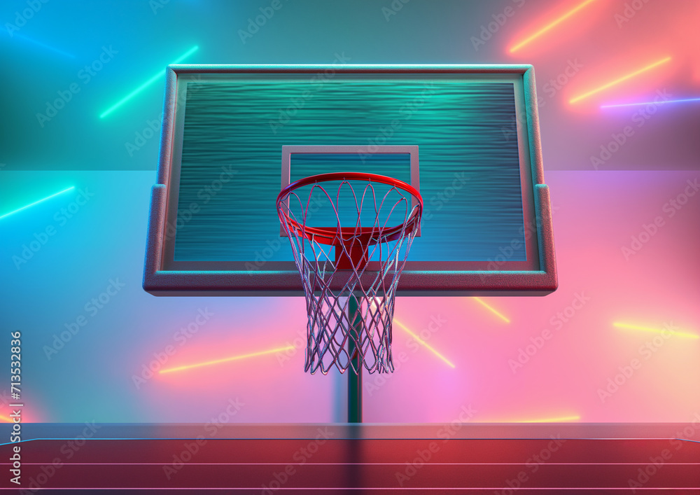 Creative concept of outdoor basketball. Basketball backboard in front of pastel neon luminous pink blue backdrop.