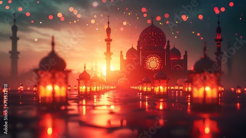 Print op canvas 3D illustration of Ramadan Kareem's background with mosque and lanterns