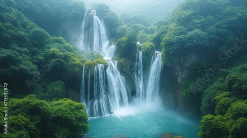  a large waterfall in the middle of a forest filled with lush green trees and a blue body of water surrounded by lush green trees and a lush green forest covered hillside.