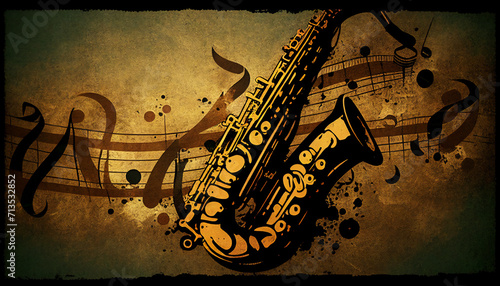 Brass saxophone background with an abstract vintage distressed texture which is a musical wind instrument used in blues, rock, jazz and classical music, stock illustration image photo