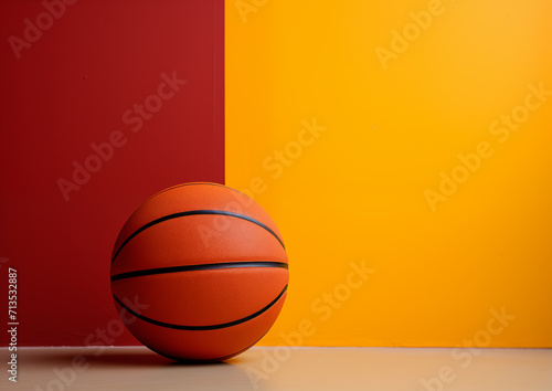 Minimalist background Brown basketball ball on ground in front of red yellow wall.