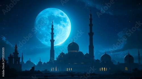 Beautiful mosque at night with full moon. Ramadan Kareem background