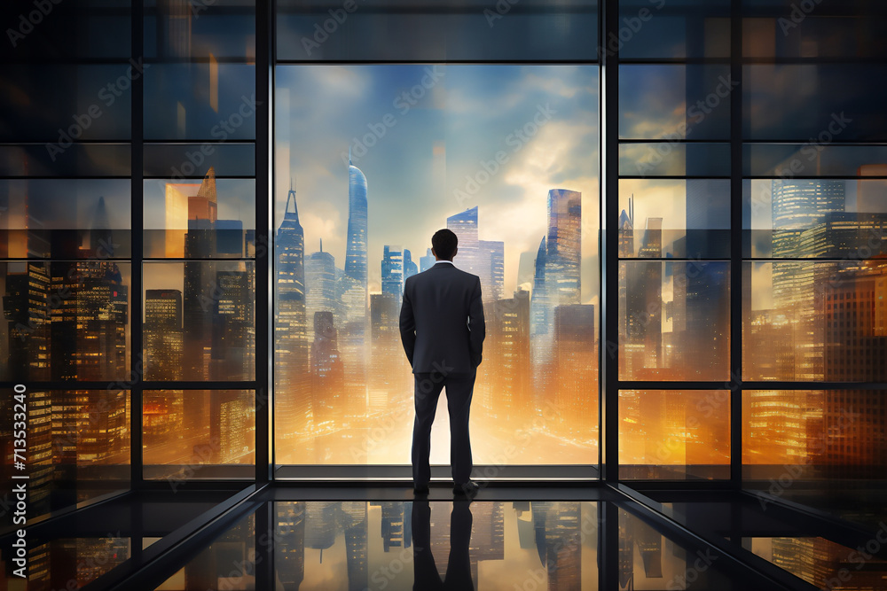 Fototapeta premium An empowered, successful businessman gazes confidently from his office skyscraper window, looking at the cityscape embodying ambition and corporate triumph, stock photo image