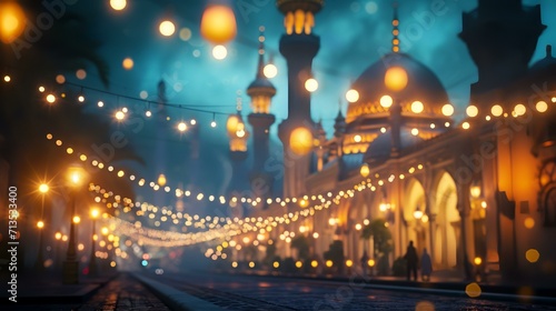 Ramadan Kareem background with mosque and lanterns. Ramadan Kareem.