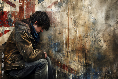 Poverty in the United Kingdom showing a homeless underprivileged teenage youth in England with a distressed Union Jack flag in the background, stock illustration image  photo