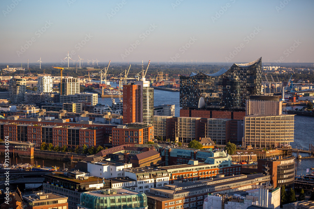 Aerial view of Elbphilharmonie and a former warehouse district in Hamburg