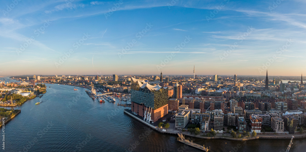 Aerial panorama of Hamburg with Elbphilharmonie in the foreground