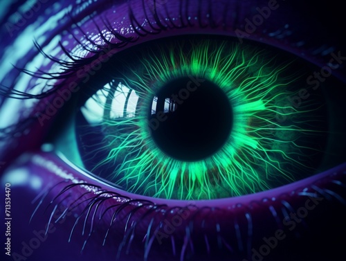 Human eye green and purple iris makeup picture