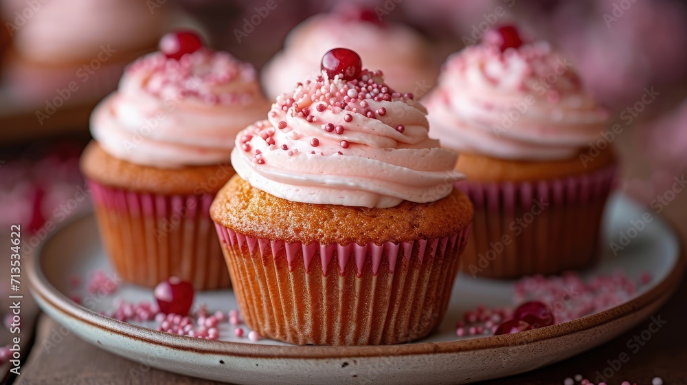 Gourmet cupcakes with pink icing and a cherry on top, surrounded by sprinkles on a plate, evoke a festive Valentine's mood.