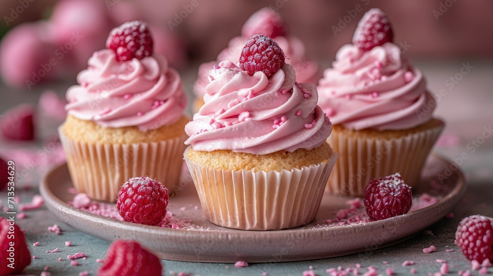 Pink frosted cupcakes topped with fresh raspberries and sprinkles, arranged on a plate dusted with sugar, perfect for a loving celebration.