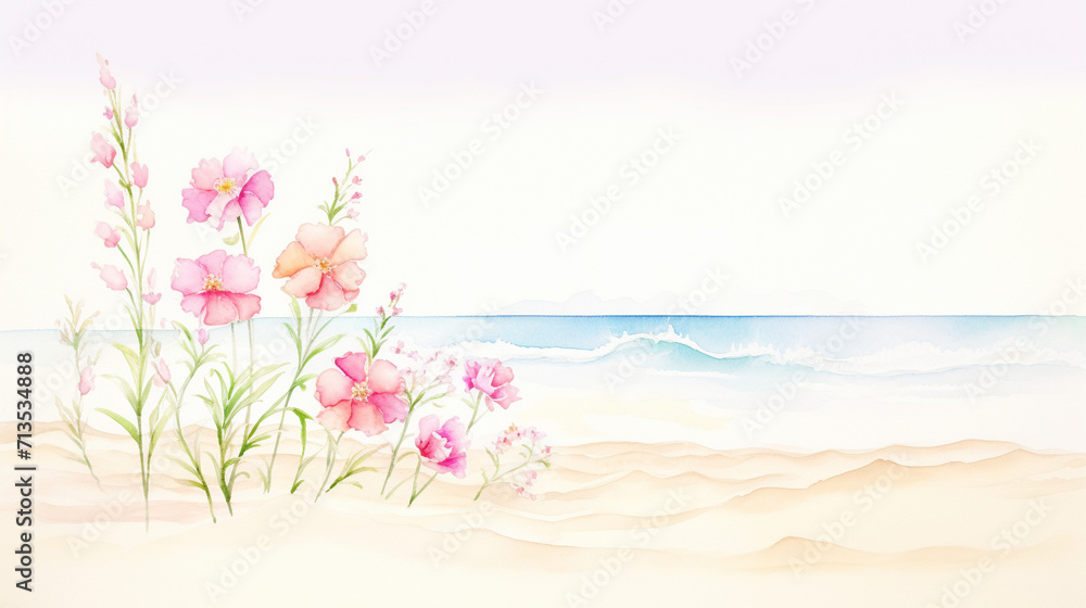 Beach and carnations, Cartoon drawing, Water color style, AI Generated