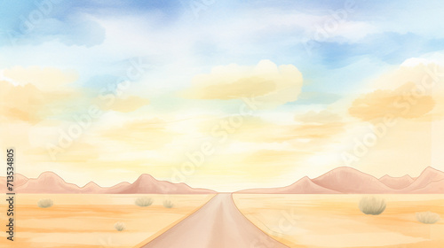 Open scenic road driving through desert with sunset sky cartoon drawing, AI Generated